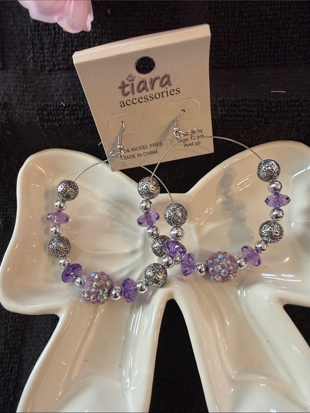 Tiara Purple Crystal Beaded Hoop Earrings with Silver Accents